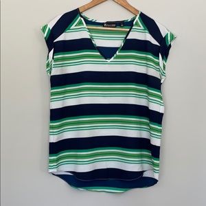 New York & Company Size Small Navy & Green Striped Shirt Sleeve Shirt